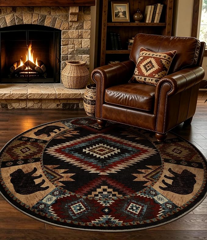 Southwestern Round Rug 4ft, Low Pile Soft Circle Rug by YIHOUSE