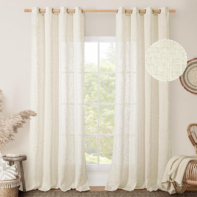 Cream 90 Inch Long Linen Sheer Curtains 2 Panels Set - Image 2