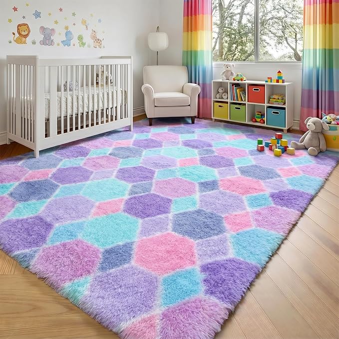 Checkered 6x9 Area Rugs for Living Room, Fluffy Purple Rainbow Girls Rug | Soft - Image 9