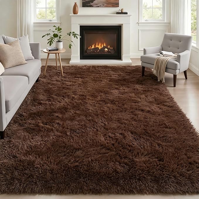 Area Rug Living Room Bedroom: 5x7 Fluffy Plush Shag Carpet Brown | by Luxturiy