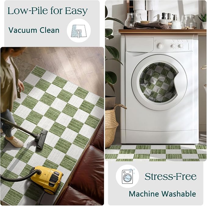 Front Door Mat Outside Entrance 2x3 Green White Checkered Rug | Non-Slip - Image 6