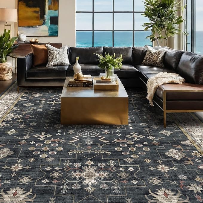 Black Farmhouse Washable 7x10 Area Rugs by HazoHaus
