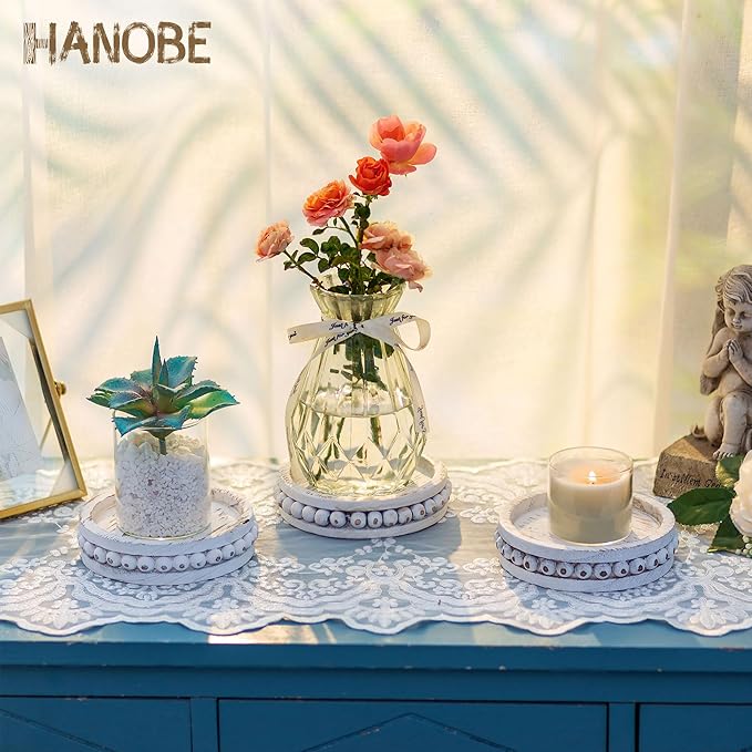 Hanobe Wood Plate Candle Holder: Small Candle Plate Set of 3 Decorative White Washed Beaded Holders Tray Round Candle Stick Holders Farmhouse Table Centerpiece for Fireplace Dining Room Home Decor