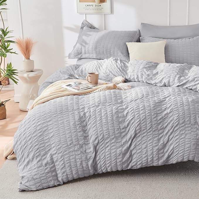 HYMOKEGE Light Grey Full Size Comforter Sets Seersucker 7 Pieces, All Season Luxury Bed in a Bag for Bedroom, Bedding Set with Comforters, Sheets, Pillowcases & Shams