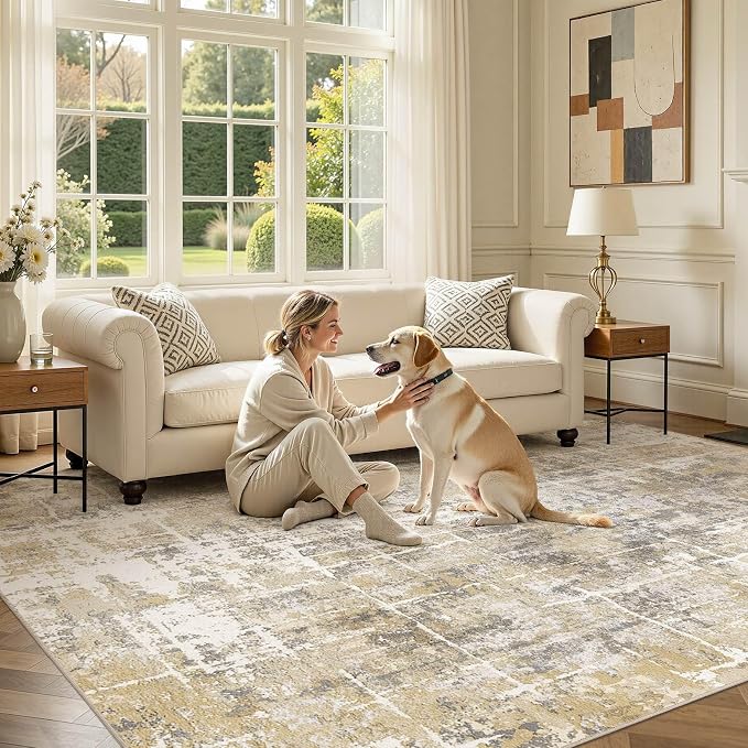 DMOYEST Area Rug Living Room Rugs 9x12 Washable Abstract Carpet | Neutral - Image 6