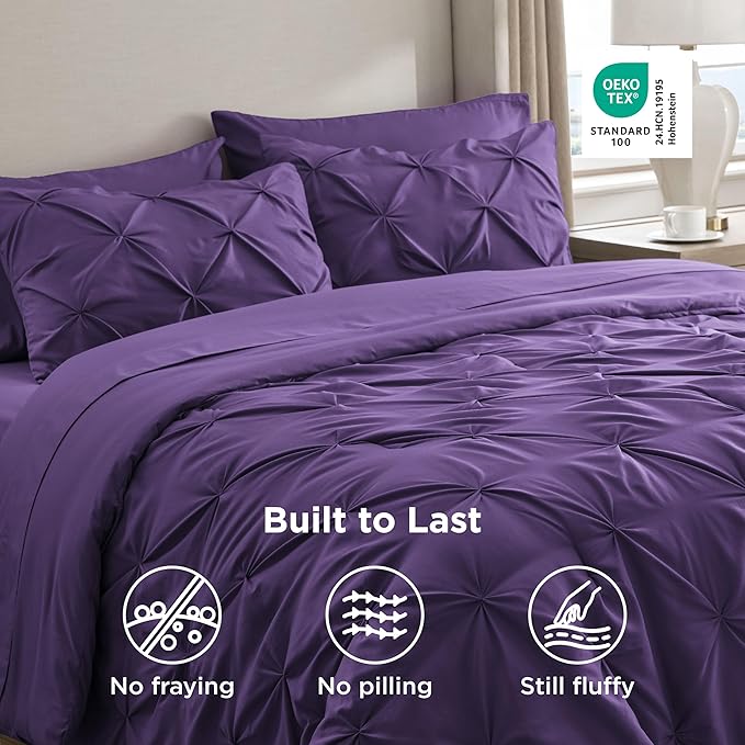 Bedsure Full Comforter Set Purple - Bed in a Bag Full Size Bedding Set 7 Pieces, GentleSoft™ Pintuck Bed Set Gift for Family, Pinch Pleat All Season Comforter with Sheets, Pillowcases & Shams