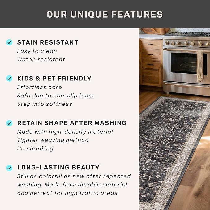 Black Boho Washable 3x10 Extra Long Hallway Runner Rug, Waterproof Large - Image 7