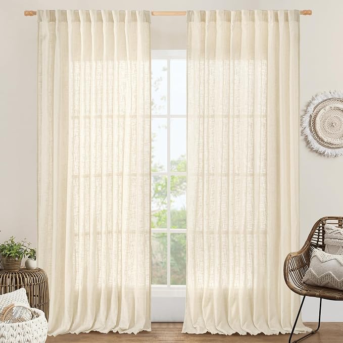 Extra Wide Linen Curtains for Bedroom Semi Sheer Panels 84 Inch | Light by LAMIT
