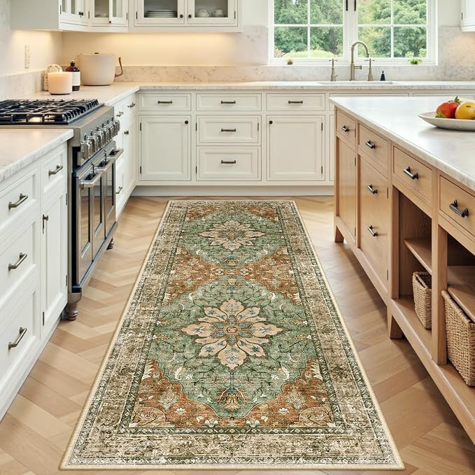 RELEANY Washable Area Rug, Runner 3'x6', Brick/Brown/Green | Non-Slip, Water by RELEANY