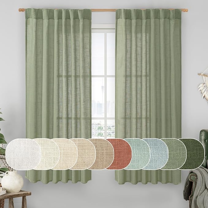 Sage Green Linen Curtains 63 Inch by LAMIT