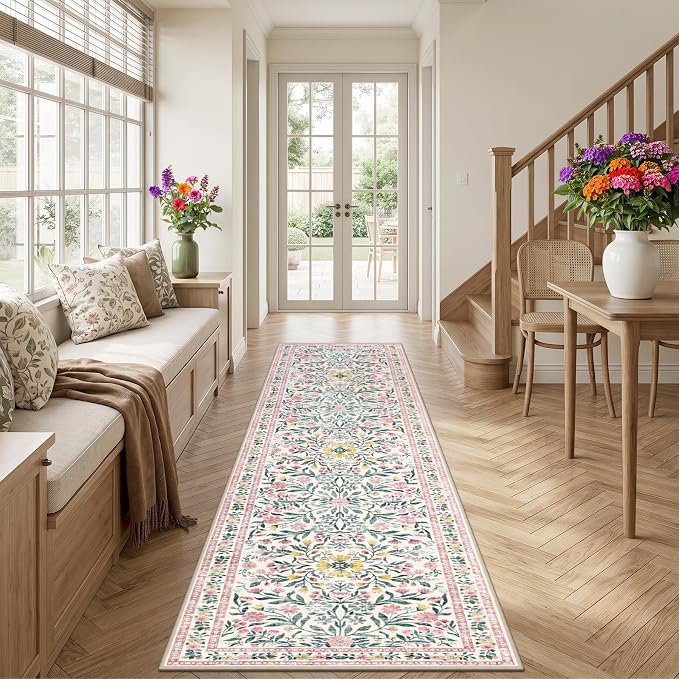 PLHXFR 3x10 Washable Runner Rug：Floral Indoor Kitchen Carpet Pink Green | - Image 3