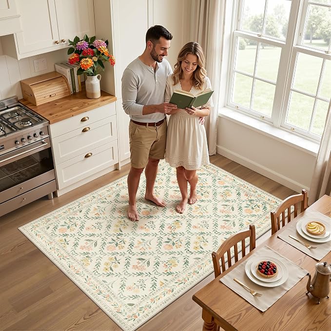 PLHXFR Area Rug Living Room: 3x5 Floral Washable Boho Carpet Beige Multi | - Image 3