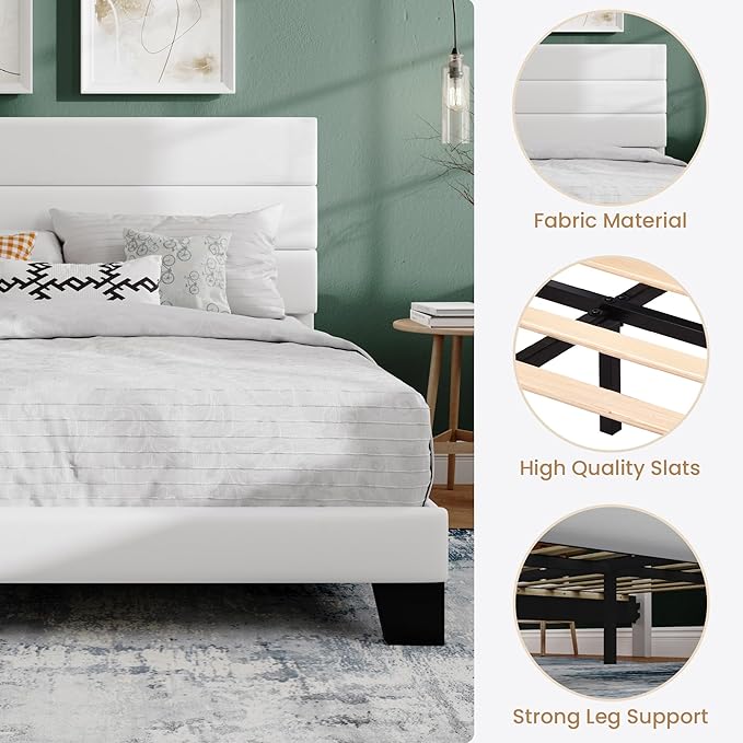 SHA CERLIN Queen Platform Bed Frame with Velvet Upholstered Headboard, Mattress Foundation with Strong Wooden Slats Support, No Box Spring Needed, White