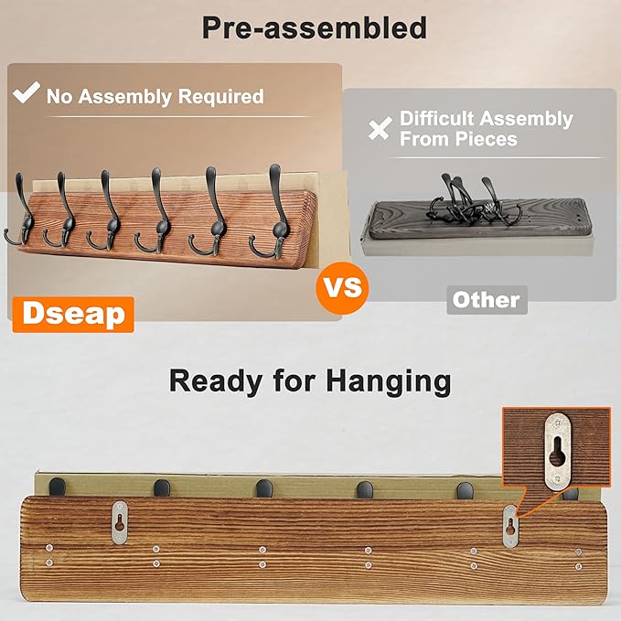 Dseap Coat Rack Wall Mount - Heavy-Duty Robust Rustic Wooden Wall Coat Hanger Hook Rail with 5 Triple Hooks for Winter Jacket & Hat Clothing, Light Brown & Black