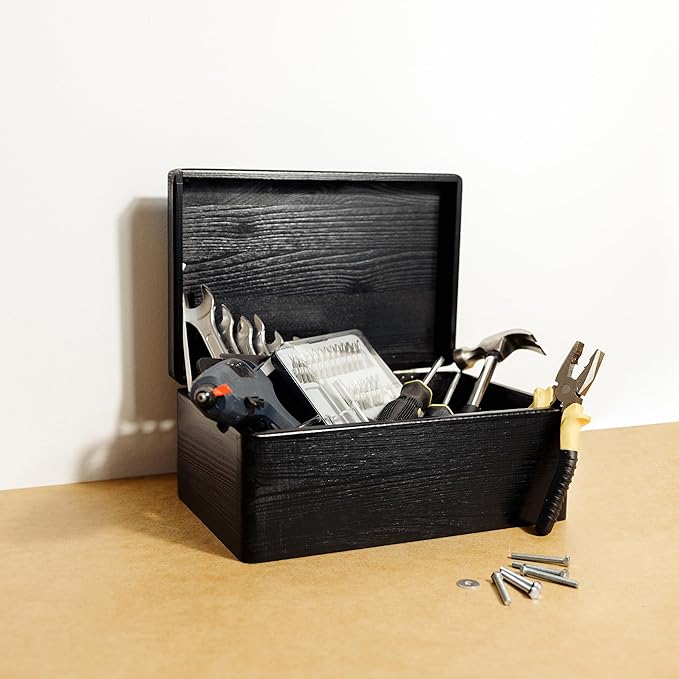 Large Black Wooden Box Storage with Hinged Lid | 11.8 x 7.87 x 5.51 inches (+-0.5) | Gift Box for Tool Dog Toy Shoes Clothes Kitchen Storage | Wood Keepsake Chest
