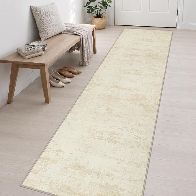 2.6x14 Washable Runner Rug:Modern Abstract Indoor Soft Carpet Beige | - Image 3