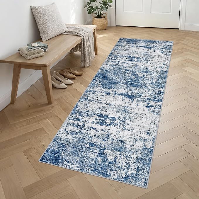 2.6x10 Washable Runner Rug:Modern Abstract Indoor Soft Carpet Blue | - Image 3