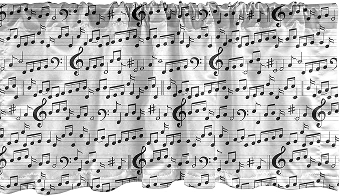 Ambesonne Music Window Valance, Abstract Style Professional Pattern Notes and Clef Sheet Play Writing Print, Curtain Valance for Kitchen Bedroom Decor with Rod Pocket, 42" x 18", Black White
