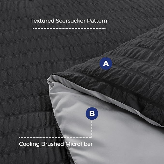 HYMOKEGE Black/Light Grey California King Comforter Set Seersucker 7 Pieces, All Season Luxury Bed in a Bag for Bedroom, Bedding Set with Comforter, Sheets, Pillowcases & Shams