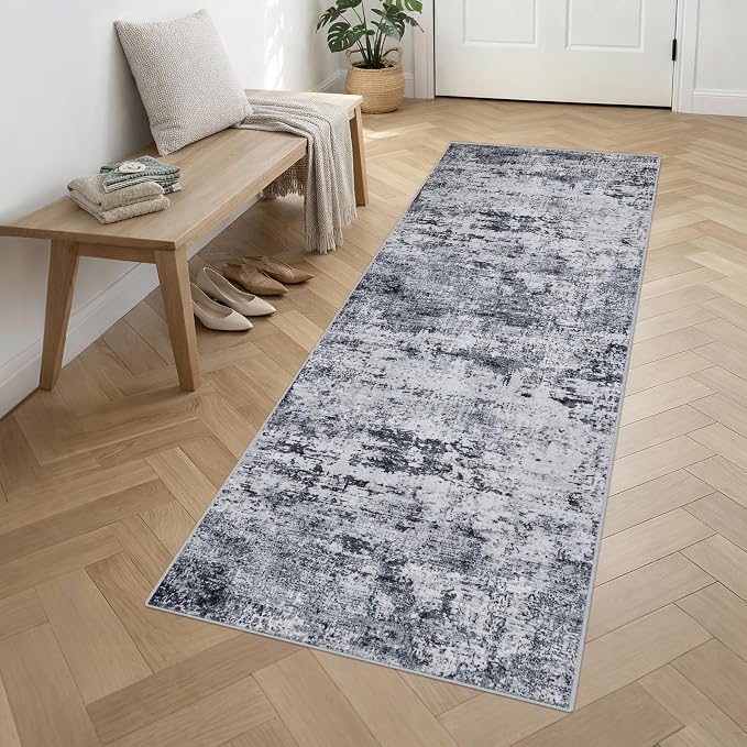 3x10 Washable Runner Rug：Modern Abstract Kitchen Soft Carpet Grey | - Image 3