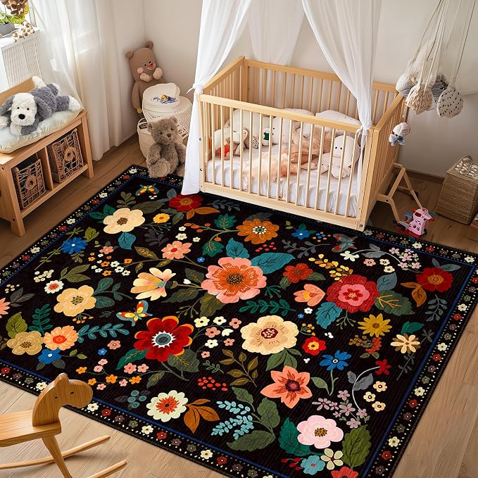 RELEANY Floral Washable 5x8 Area Rugs Black | Flower Carpet Print Boho Cute Non - Image 9