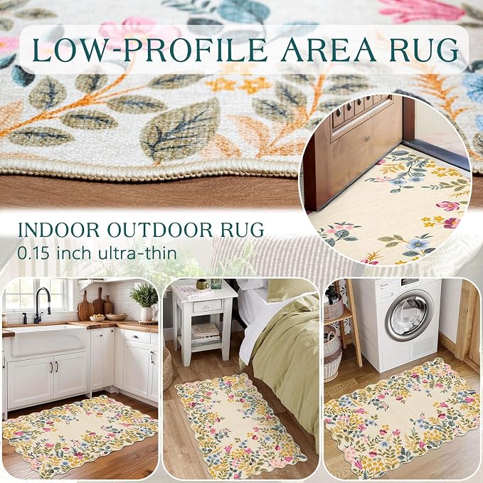 Front Door Mat Outside Entrance 2x3 Beige Colorful Floral Entry Rug | Non-Slip - Image 5