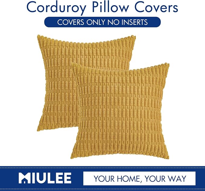 MIULEE Corduroy Decorative Throw Pillow Covers 18x18 Yellow Pack of 2 | Soft - Image 6