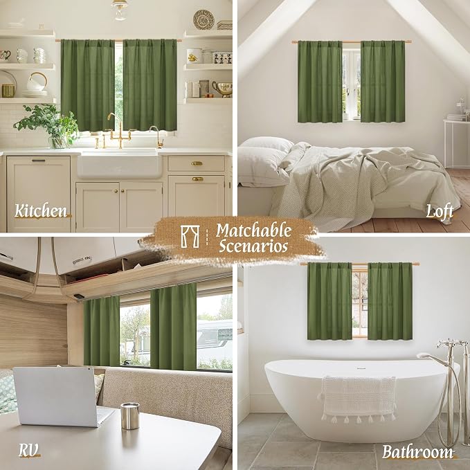 Short Olive Green Linen Curtains 48 Inch - Image 6