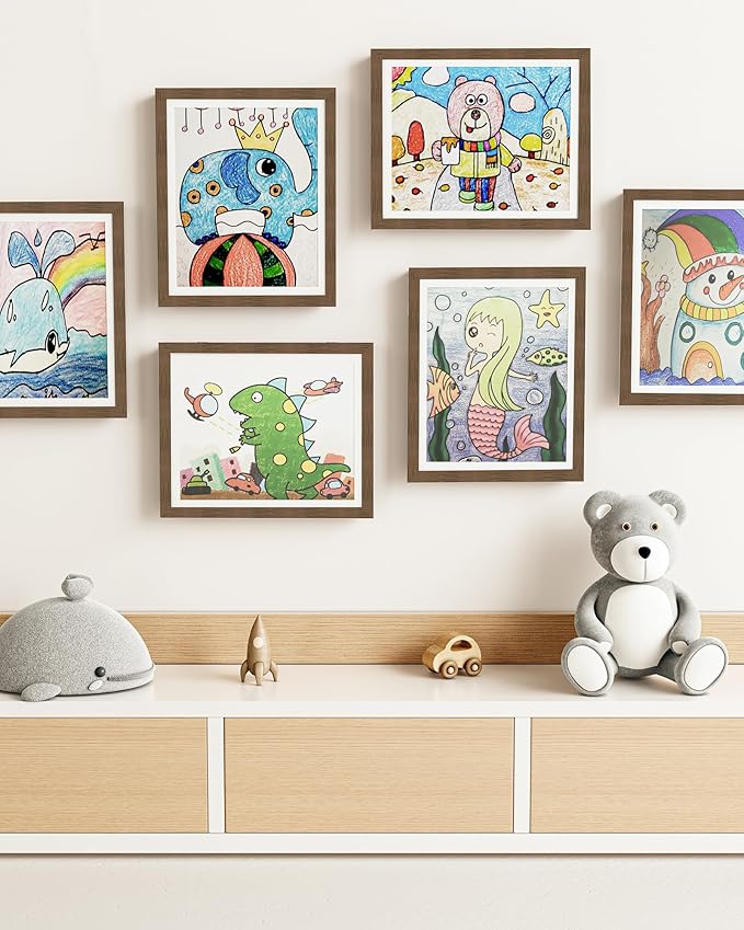 BAIJIALI Brown Art Frames for Kids Artwork - Front Opening Holds 150 Drawings, 3D Crafts - 4 Packs 8.5x11 with mat or 9x12 without Mat
