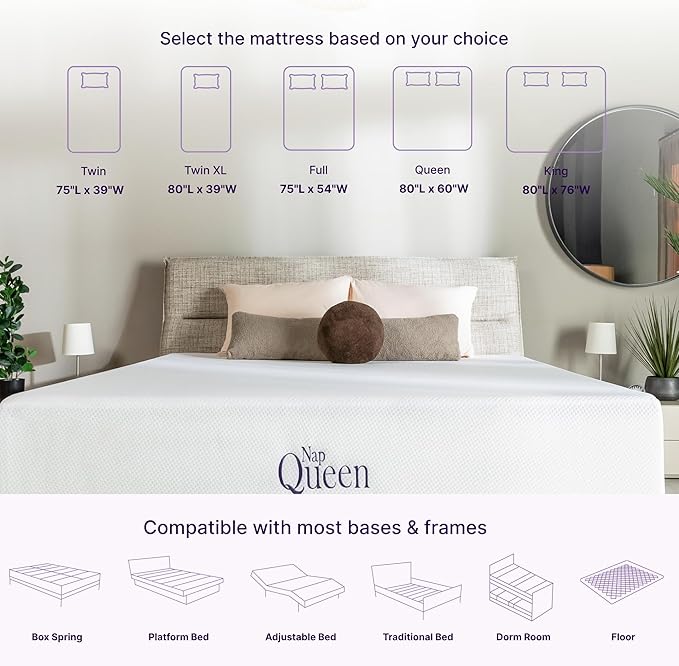 NapQueen Queen Mattress, 8 Inch Charcoal Memory Foam, CertiPUR-US Certified, Breathable Soft Fabric Cover