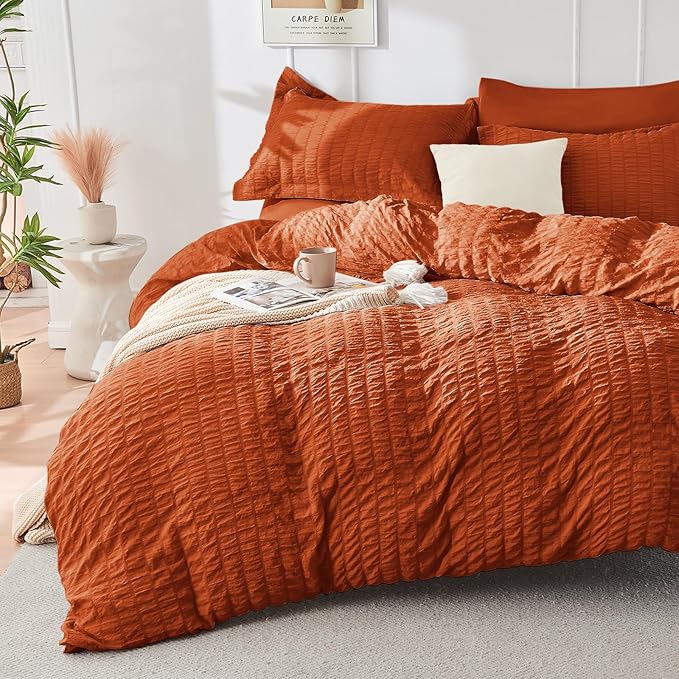 HYMOKEGE Burnt Orange Full Size Comforter Sets Seersucker 7 Pieces, All Season Luxury Bed in a Bag for Bedroom, Bedding Set with Comforters, Sheets, Pillowcases & Shams