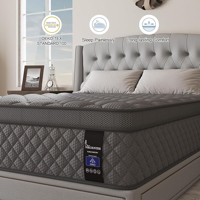 King Mattress, 14 Inch Hybrid Mattresses Grey Euro Top Medium Firm for Back & Lumbar Support, 100 Night Trial, Individual Pocket Spring Bed for Motion Isolation & Pressure Relief