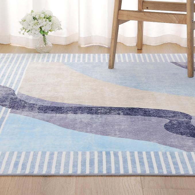 Area Rug 4x6 Blue Rug Washable Rugs Non Slip Low Pile Small Carpet by OmpaaHomeDecor