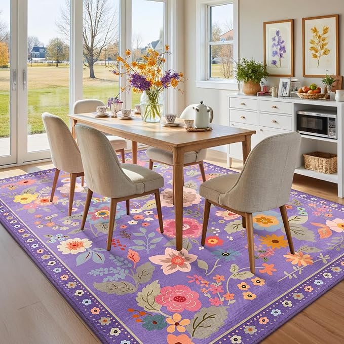 RELEANY Floral Washable 5x7 Area Rugs Purple/Pink | Flower Carpet Print Boho - Image 8