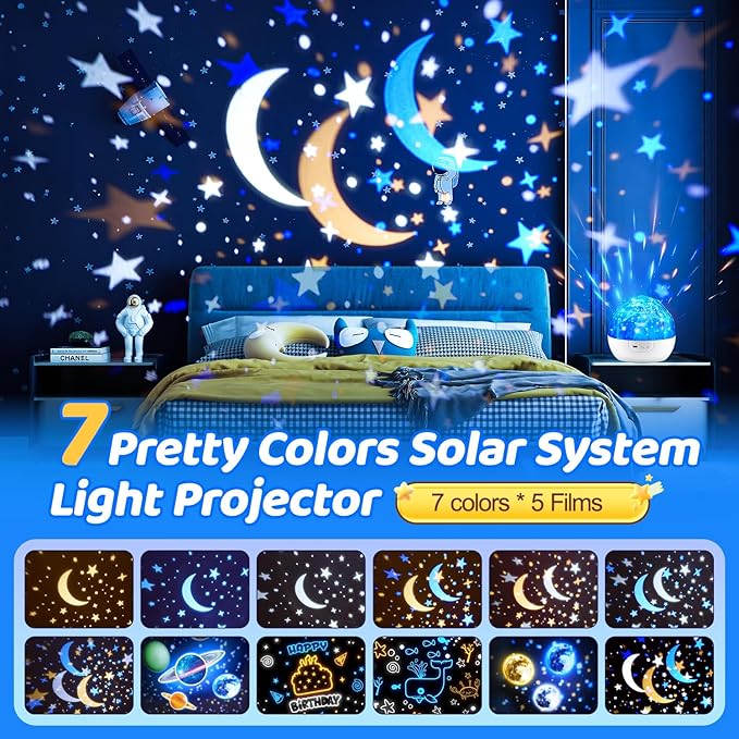 Solar System for Kids Projector Night Light, 360°Rotating+5 Films Planet Space Projector for Bedroom, Bright Night Light for Boys Room, Space Toys for Kids 3-5, Solar System Planet Toys for Boy Gifts