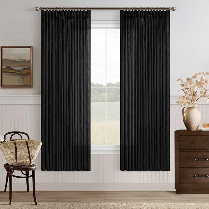 72 Inch Black Linen Blend Pleated Semi Sheer Privacy Curtains 50 Inch Wide | by Twodrapes