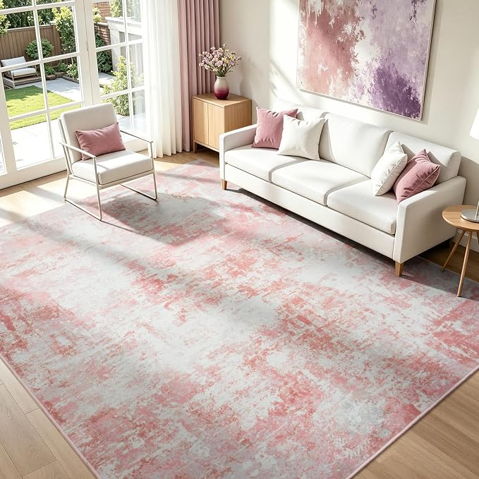 Rugflix 8x10 Area Rugs for Living Room, Washable Pink White Large Rug | Machine - Image 3