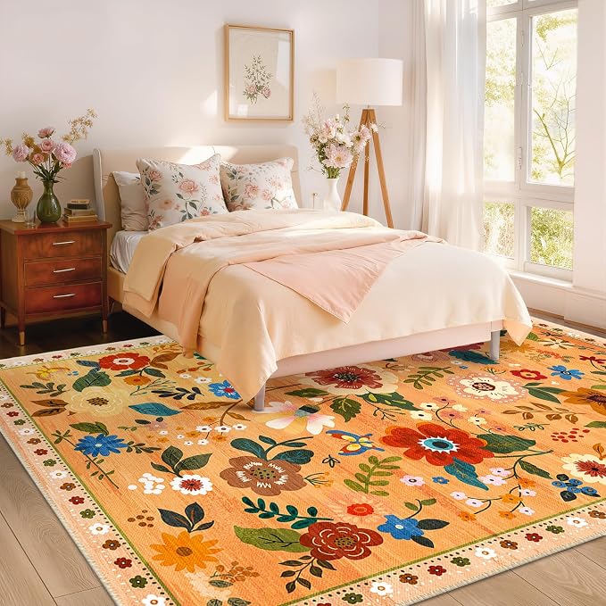 RELEANY Floral Washable 8x10 Area Rugs Yellow/Orange/Red | Flower Carpet Print - Image 6