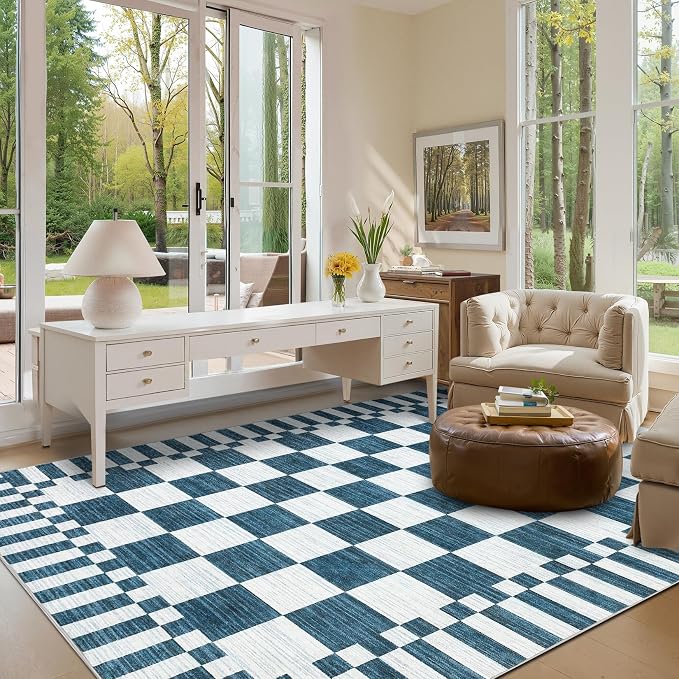 GarveeHome 8x10 Area Rugs Geometric Washable Modern Navy Blue Checkered Rug | - Image 3