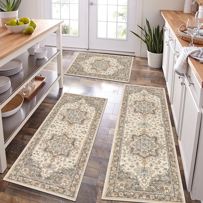 HEBE Boho Kitchen Rugs Set of 3, Non Slip Washable Kitchen Mats by HEBE
