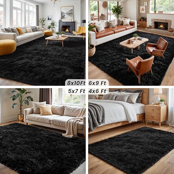 2x6 Fluffy Shag Area Rugs for Living Room Bedroom: Soft Plush Carpet Black | - Image 6