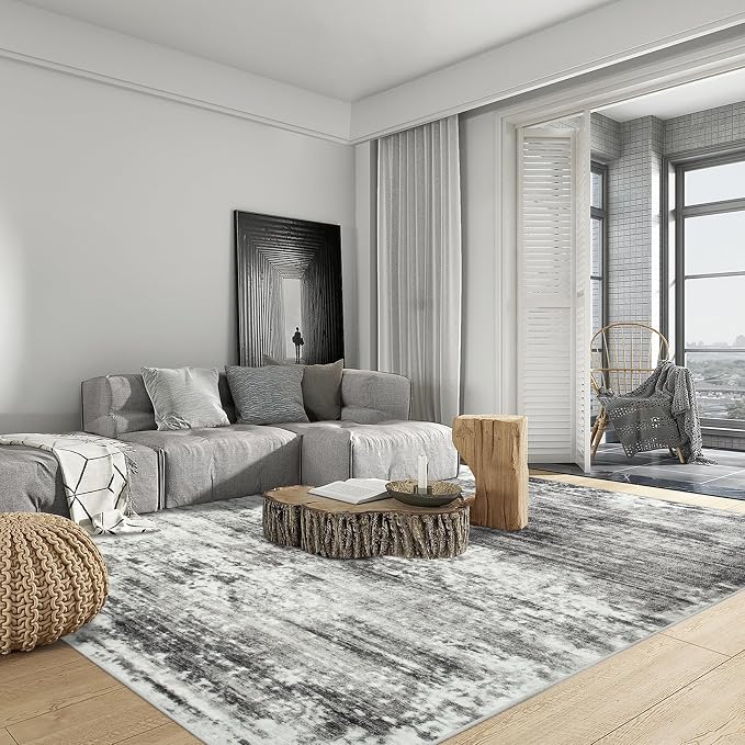 5x7 Area Rugs for Living Room: Washable Abstract Black Grey Badroom Carpet | - Image 3