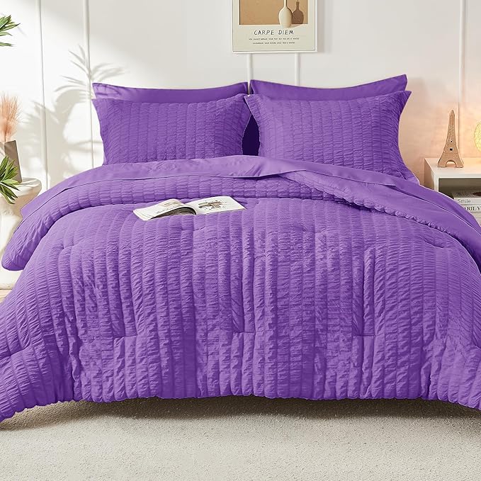 HYMOKEGE Dark Purple Full Size Comforter Sets Seersucker 7 Pieces, All Season Luxury Bed in a Bag for Bedroom, Bedding Set with Comforter, Sheets, Pillowcases & Shams