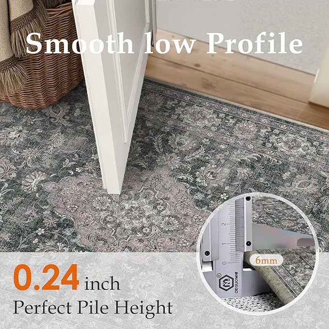 8x10 Black Grey Retro Floral Washable Area Rug - Image 5