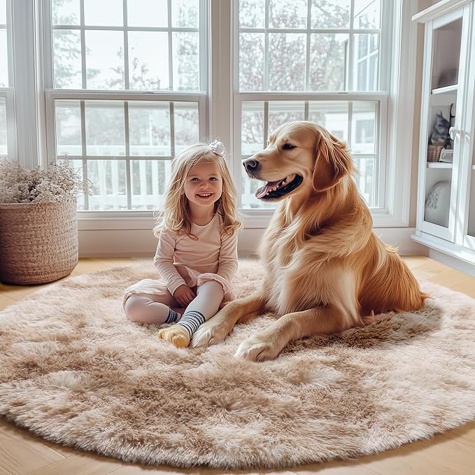 Round Rugs 6ft for Living Room Bedroom, Tie-Dye Beige Fluffy Circle Area Rug - Image 7