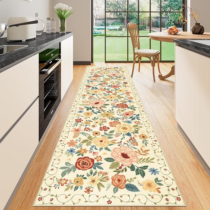DUKINO 2.6x10 Hallway Runner Rug Washable Kitchen Rug Non Slip Beige Yellow | by DUKINO