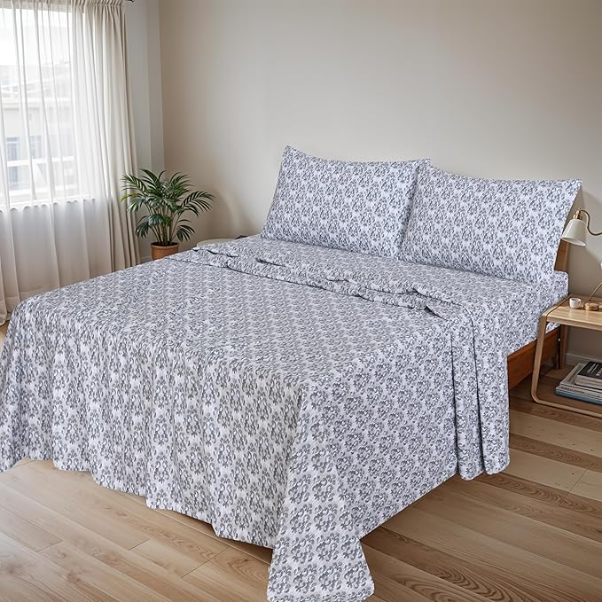 RUVANTI Flannel Sheets King Size - 100% Cotton Brushed King Size Sheets Set - Deep Pockets 16 Inches Bed Sheets - All Seasons Breathable & Extra Soft - Warm & Cozy, 4 Piece, Damask