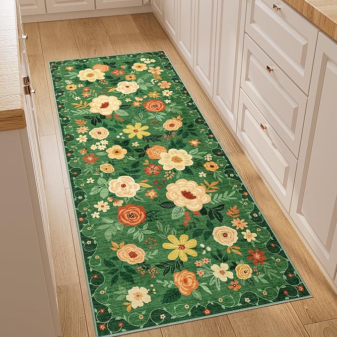 DUKINO 2x5 Runner Rug, Floral Washable Rug by DUKINO