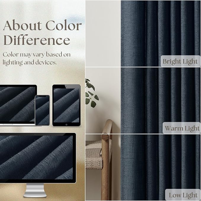 Navy Pinch Pleated Linen Semi Sheer Short Curtains 45 Inch Length 2 Panels | - Image 4