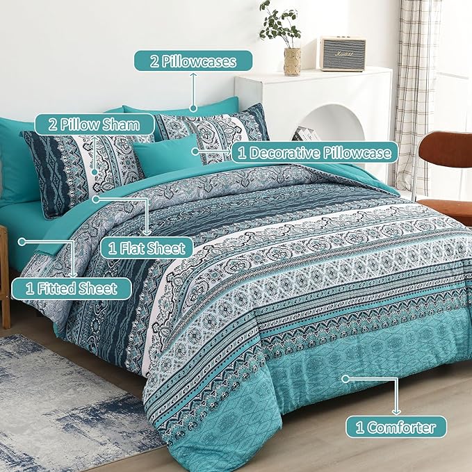 Cottolester Boho King Size Comforter Set 8 Pieces, Teal Comforter Bohemian Striped Bed in A Bag, Soft Microfiber Bedding Set for All Seasons